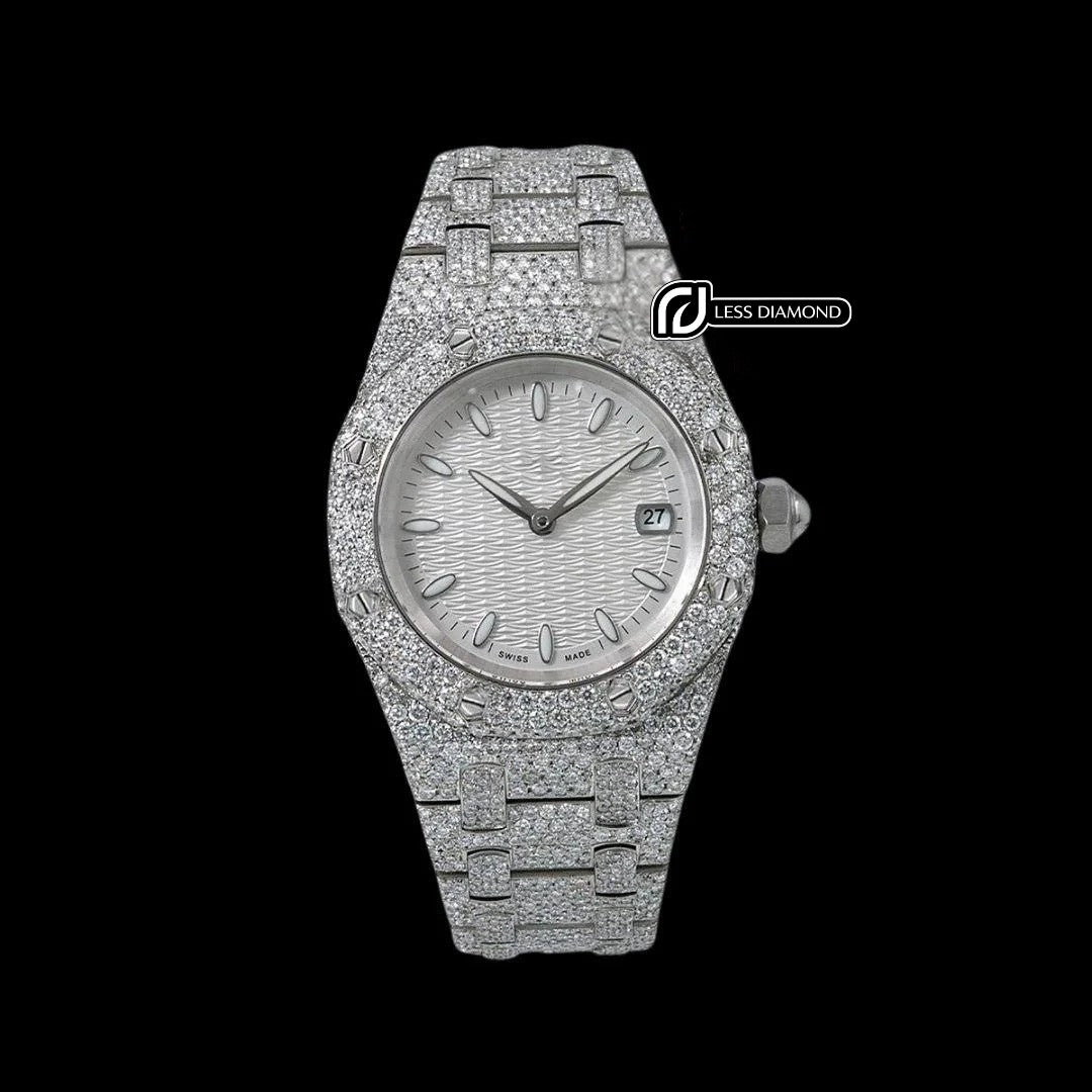 AP Royal Oak White Dial White Stick Markers Fully Iced Out Moissanite Watch Front View