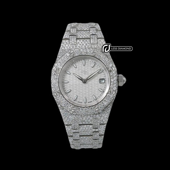 AP Royal Oak White Dial White Stick Markers Fully Iced Out Moissanite Watch Front View