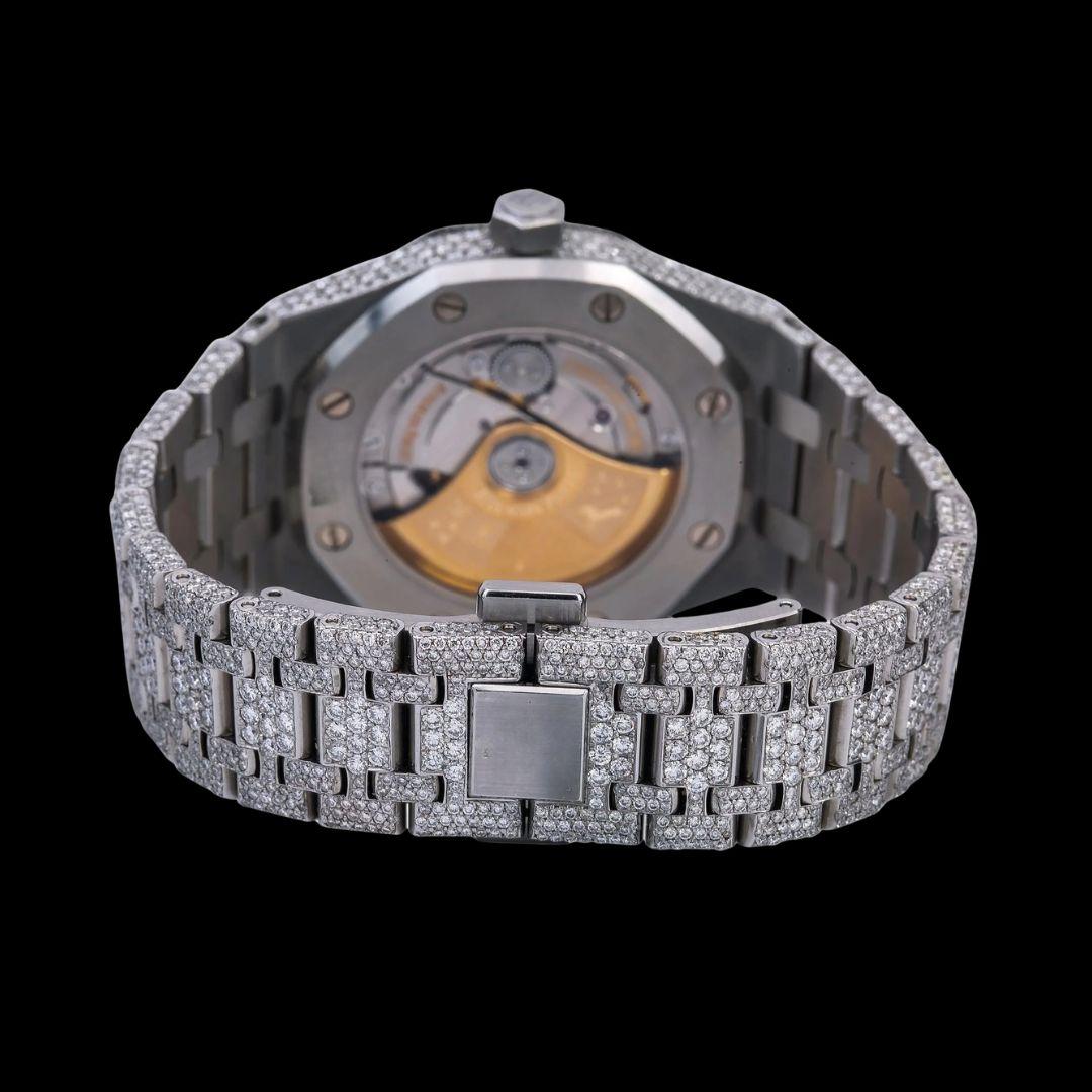 AP Royal Oak White Diamond Dial Black Stick Markers Fully Iced Out Moissanite Watch Caseback View