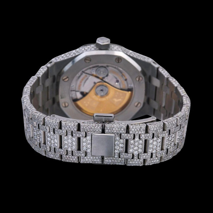 AP Royal Oak White Diamond Dial Black Stick Markers Fully Iced Out Moissanite Watch Caseback View