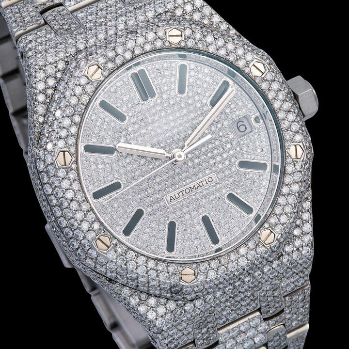 AP Royal Oak White Diamond Dial Black Stick Markers Fully Iced Out Moissanite Watch Close Up Dial View