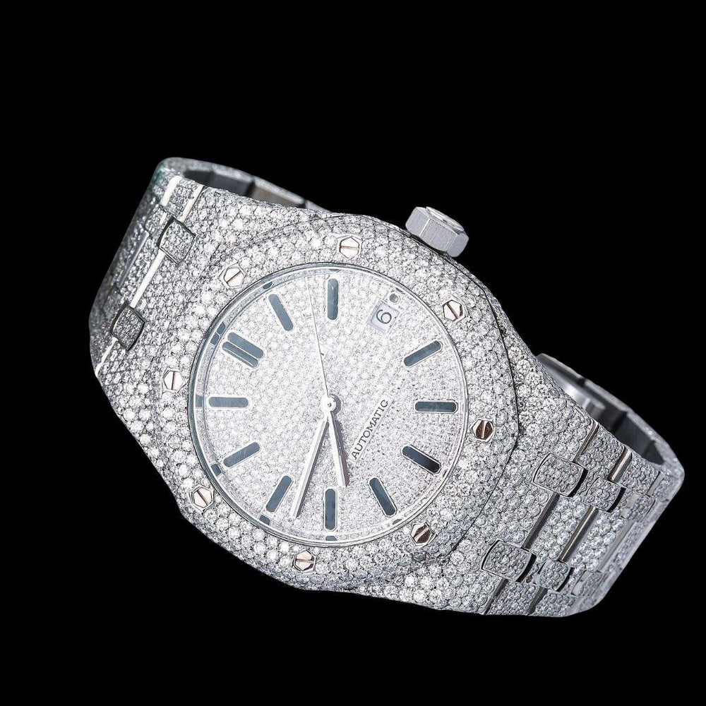 AP Royal Oak White Diamond Dial Black Stick Markers Fully Iced Out Moissanite Watch Close Up Front View