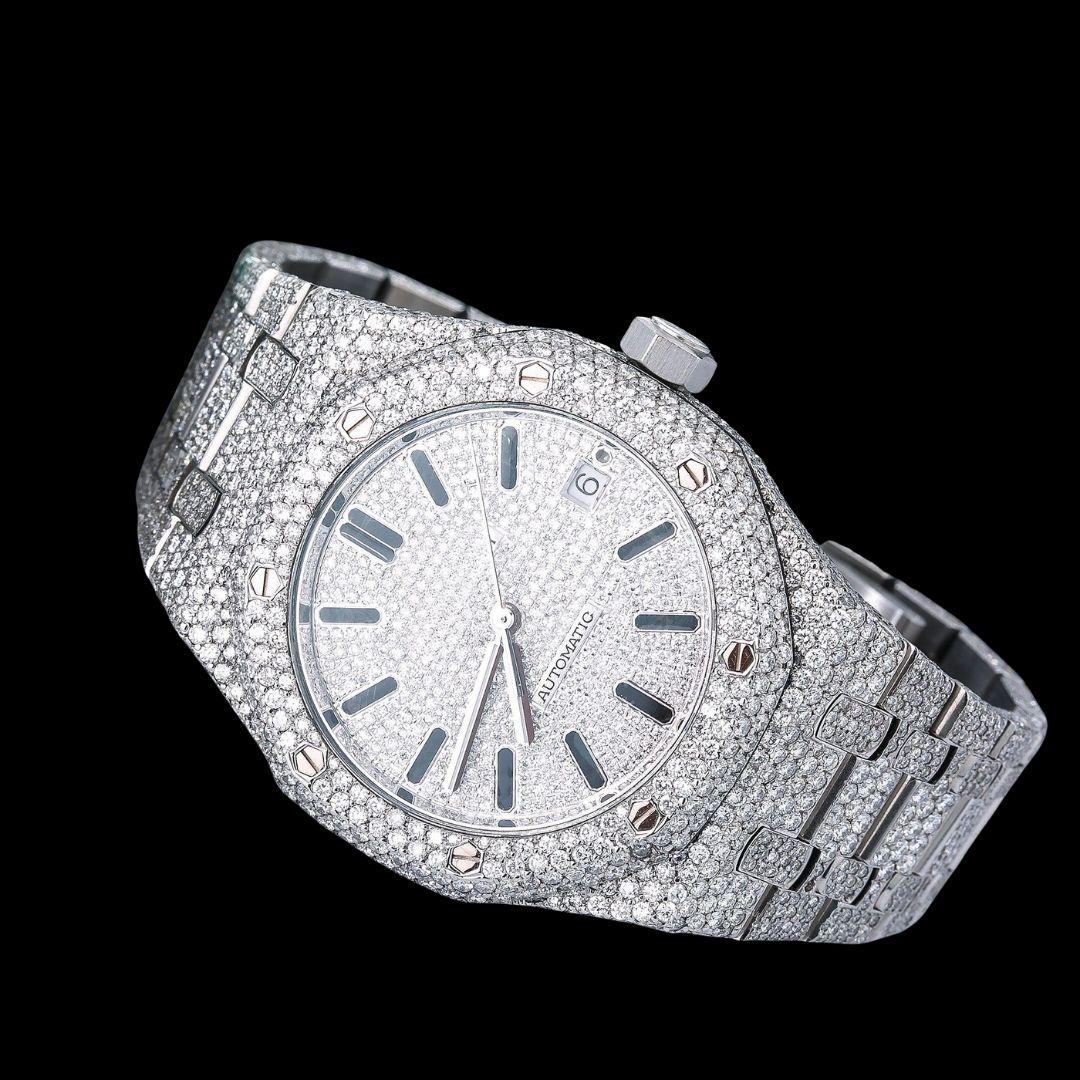 AP Royal Oak White Diamond Dial Black Stick Markers Fully Iced Out Moissanite Watch Close Up Front View