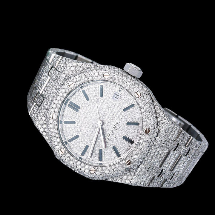 AP Royal Oak White Diamond Dial Black Stick Markers Fully Iced Out Moissanite Watch Close Up Front View