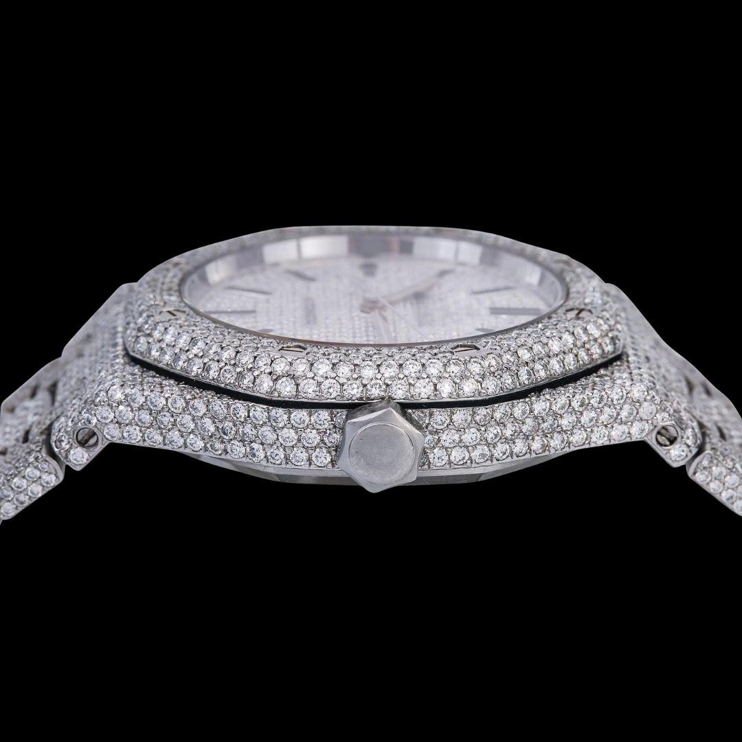 AP Royal Oak White Diamond Dial Black Stick Markers Fully Iced Out Moissanite Watch Crown View