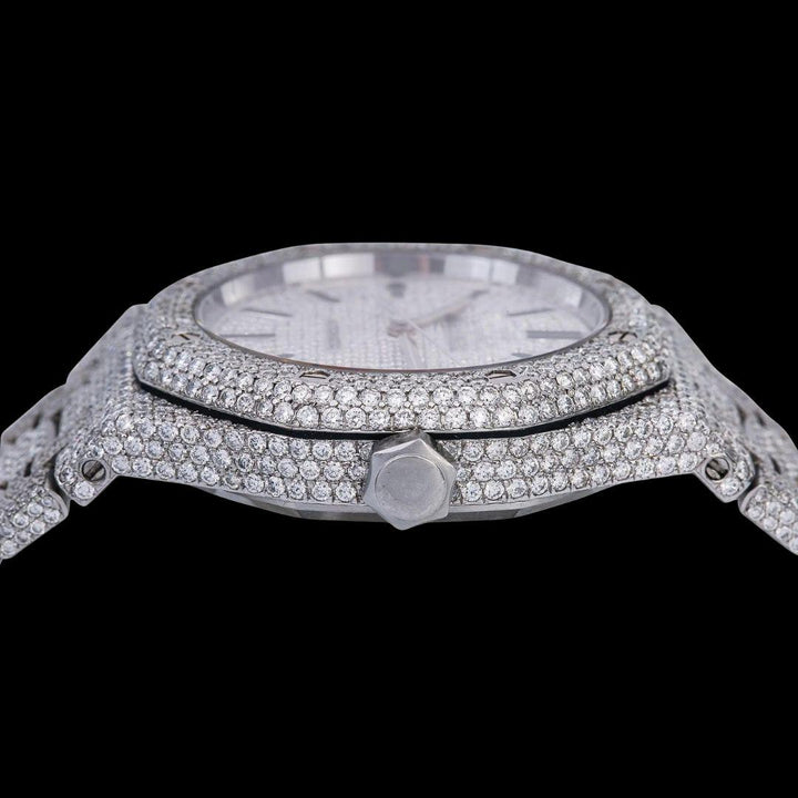AP Royal Oak White Diamond Dial Black Stick Markers Fully Iced Out Moissanite Watch Crown View