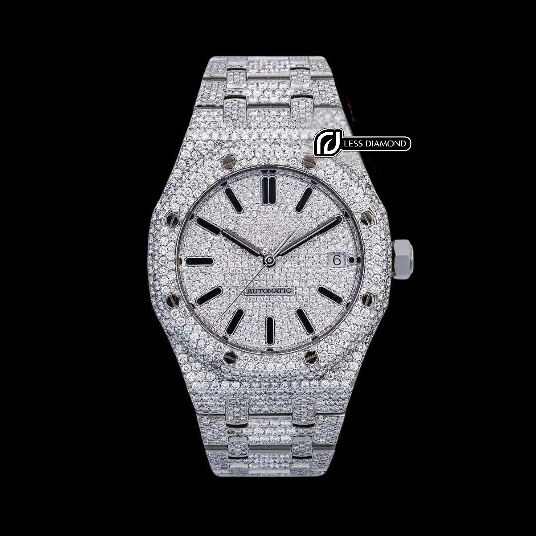 AP Royal Oak White Diamond Dial Black Stick Markers Fully Iced Out Moissanite Watch Front View