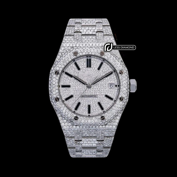 AP Royal Oak White Diamond Dial Black Stick Markers Fully Iced Out Moissanite Watch Front View