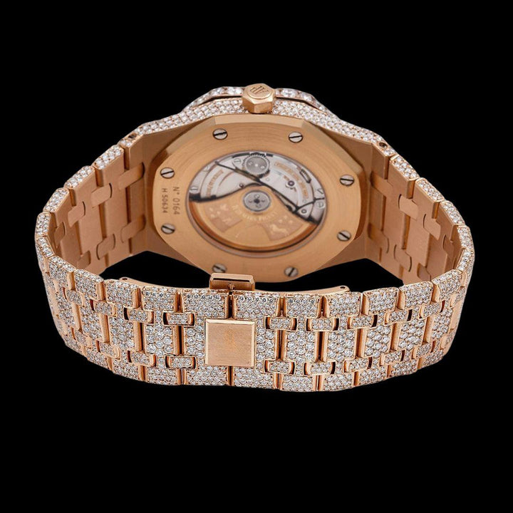 AP Royal Oak White Diamond Dial Stick Markers Fully Iced Out Rose Gold Moissanite Watch Caseback View