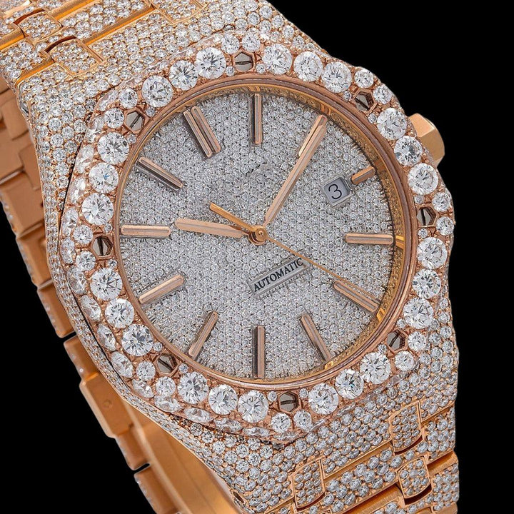 AP Royal Oak White Diamond Dial Stick Markers Fully Iced Out Rose Gold Moissanite Watch Close Up Dial View
