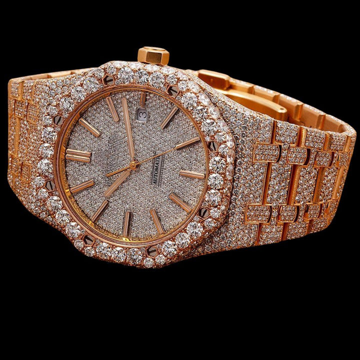 AP Royal Oak White Diamond Dial Stick Markers Fully Iced Out Rose Gold Moissanite Watch Close Up Front View