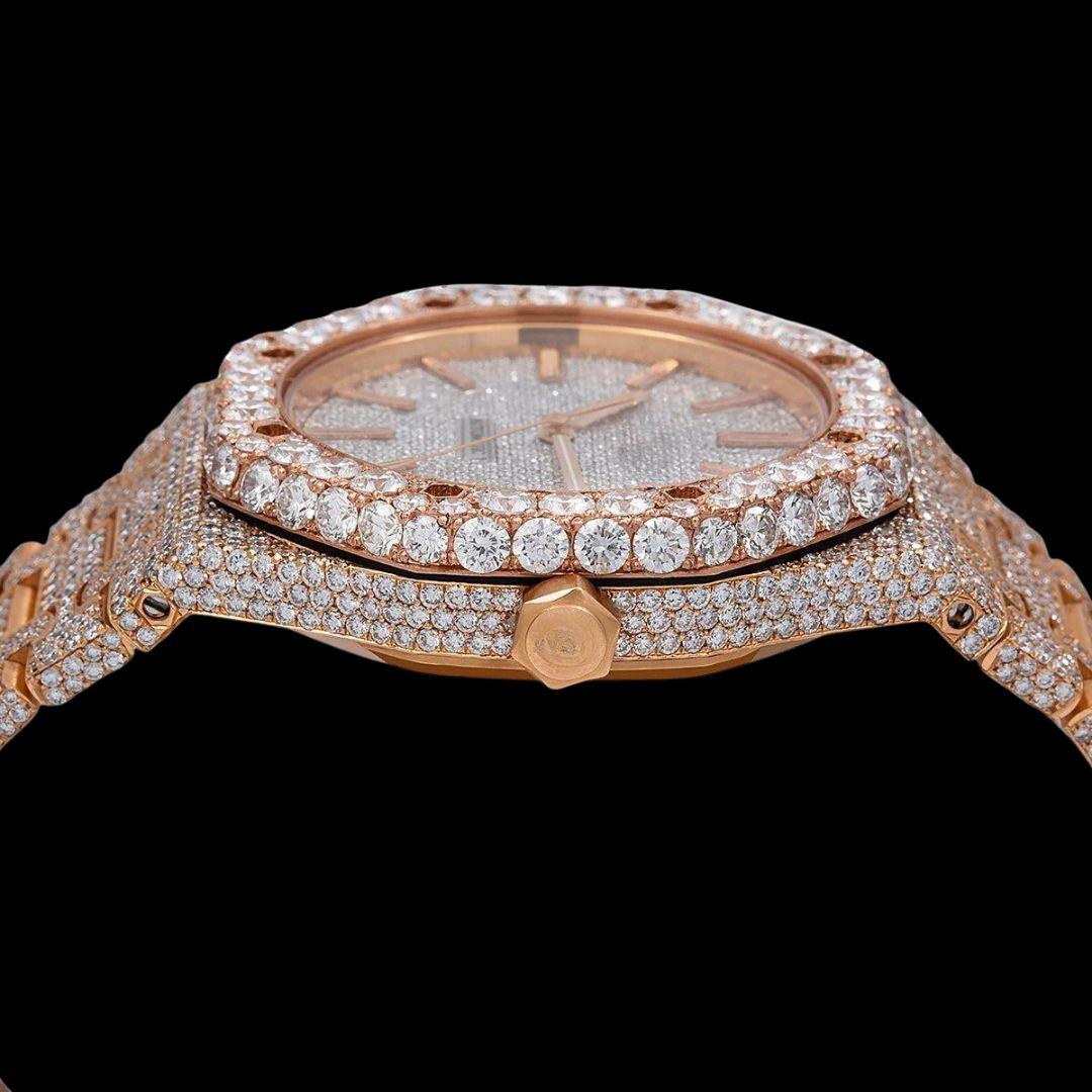 AP Royal Oak White Diamond Dial Stick Markers Fully Iced Out Rose Gold Moissanite Watch Crown View
