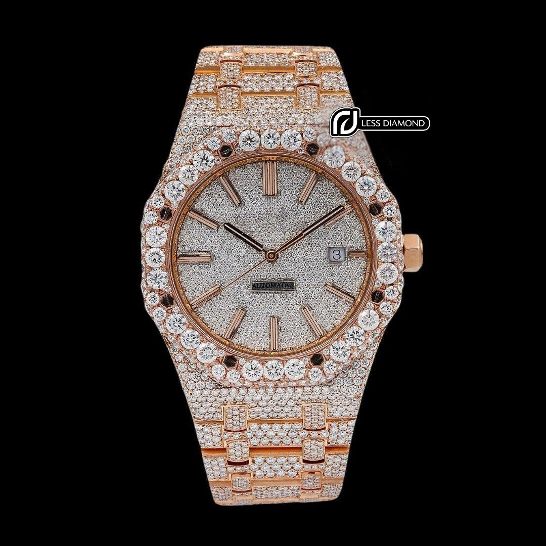 AP Royal Oak White Diamond Dial Stick Markers Fully Iced Out Rose Gold Moissanite Watch Front View