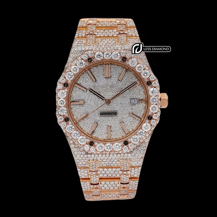 AP Royal Oak White Diamond Dial Stick Markers Fully Iced Out Rose Gold Moissanite Watch Front View