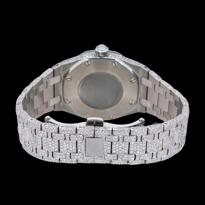 AP Royal Oak White Stick Markers Black Dial Fully Iced Out Moissanite Watch Caseback View