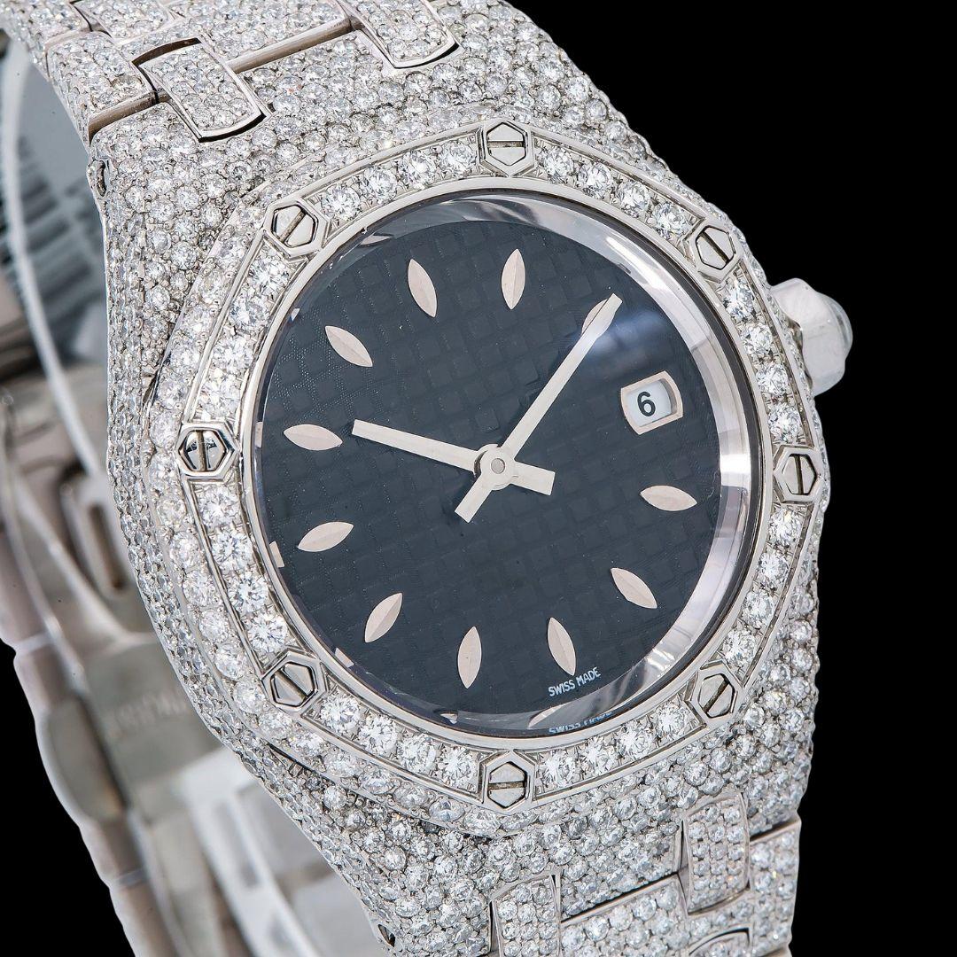 AP Royal Oak White Stick Markers Black Dial Fully Iced Out Moissanite Watch Close Up Dial View