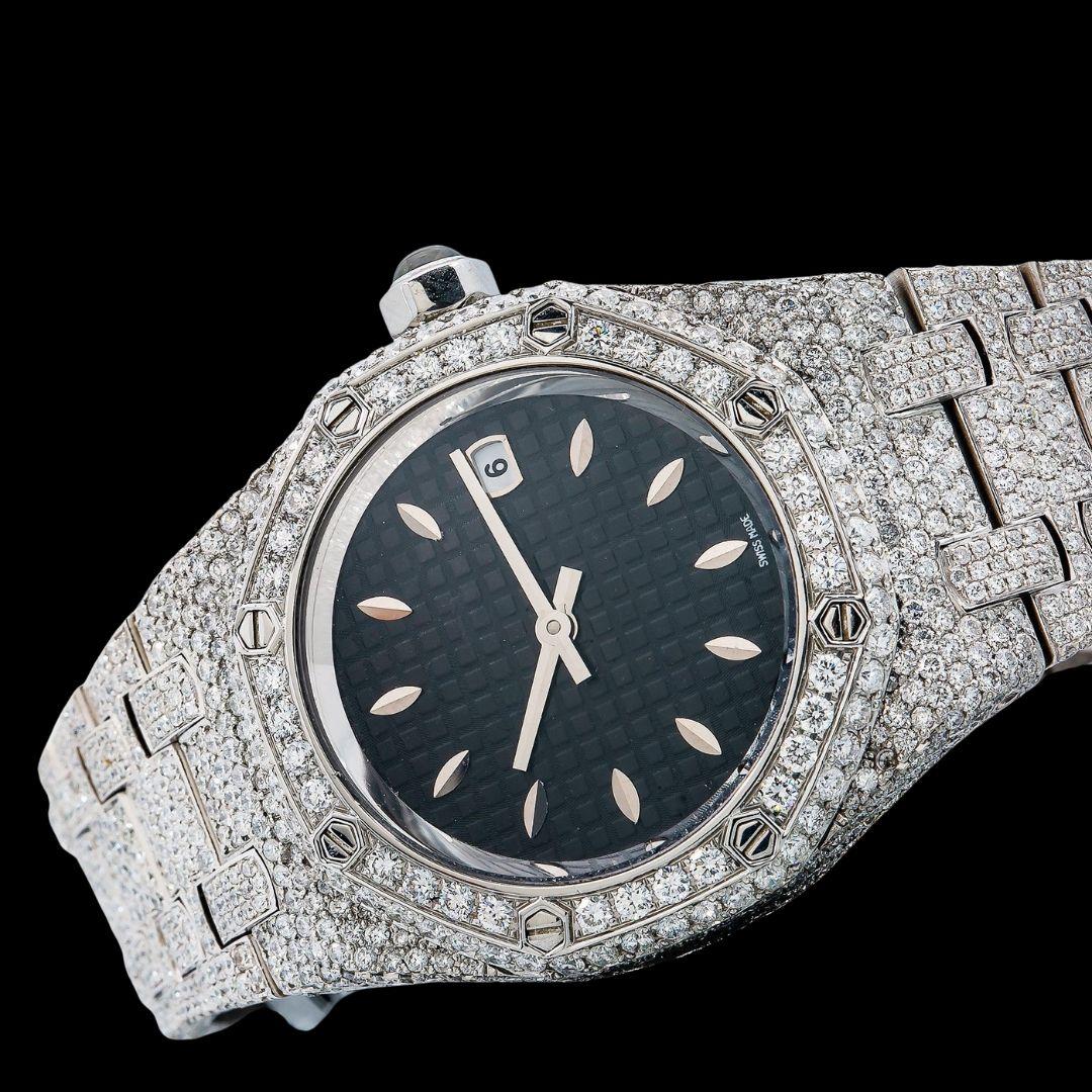 AP Royal Oak White Stick Markers Black Dial Fully Iced Out Moissanite Watch Close Up Front View