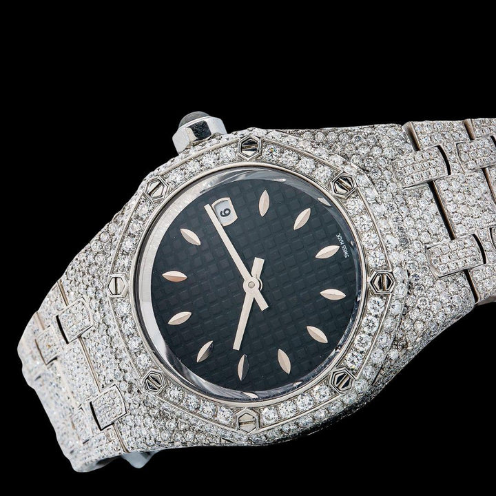 AP Royal Oak White Stick Markers Black Dial Fully Iced Out Moissanite Watch Close Up Front View