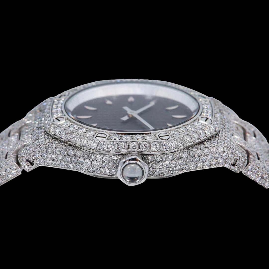 AP Royal Oak White Stick Markers Black Dial Fully Iced Out Moissanite Watch Crown View