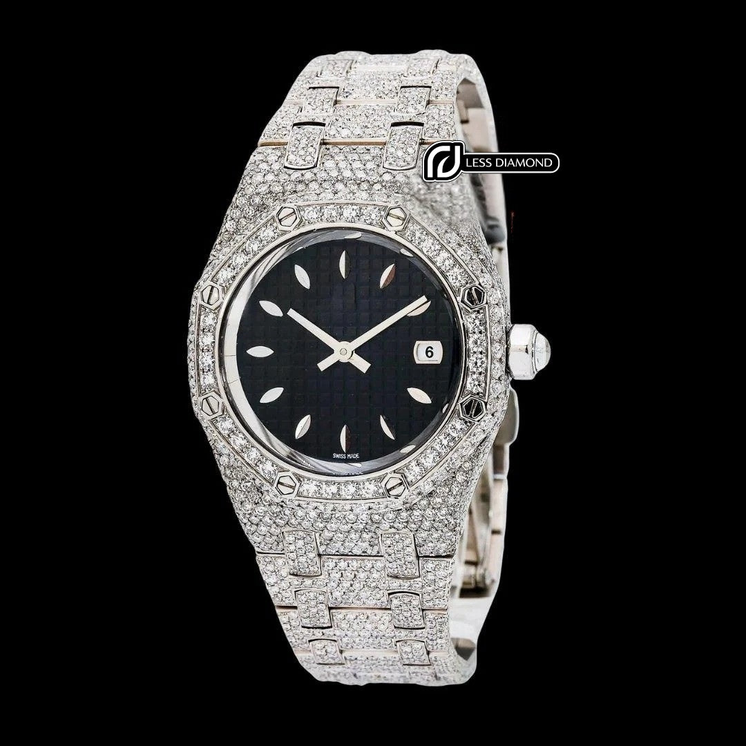 AP Royal Oak White Stick Markers Black Dial Fully Iced Out Moissanite Watch Front View