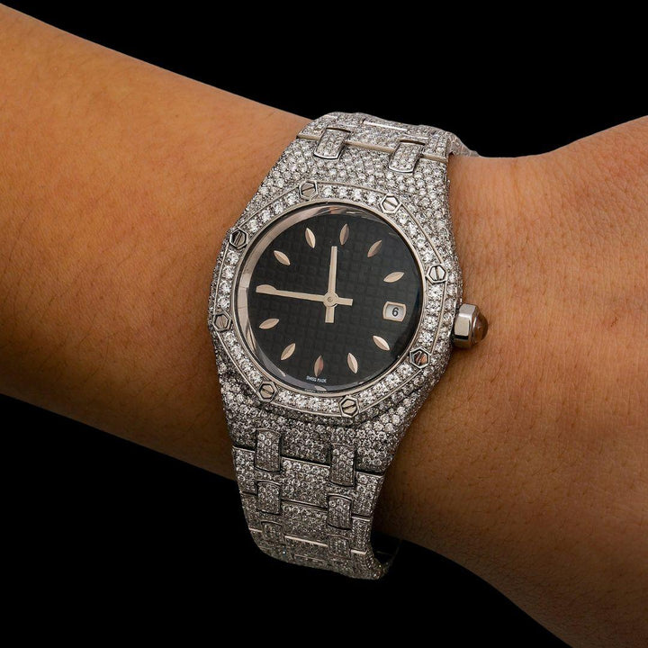 AP Royal Oak White Stick Markers Black Dial Fully Iced Out Moissanite Watch On Wrist View