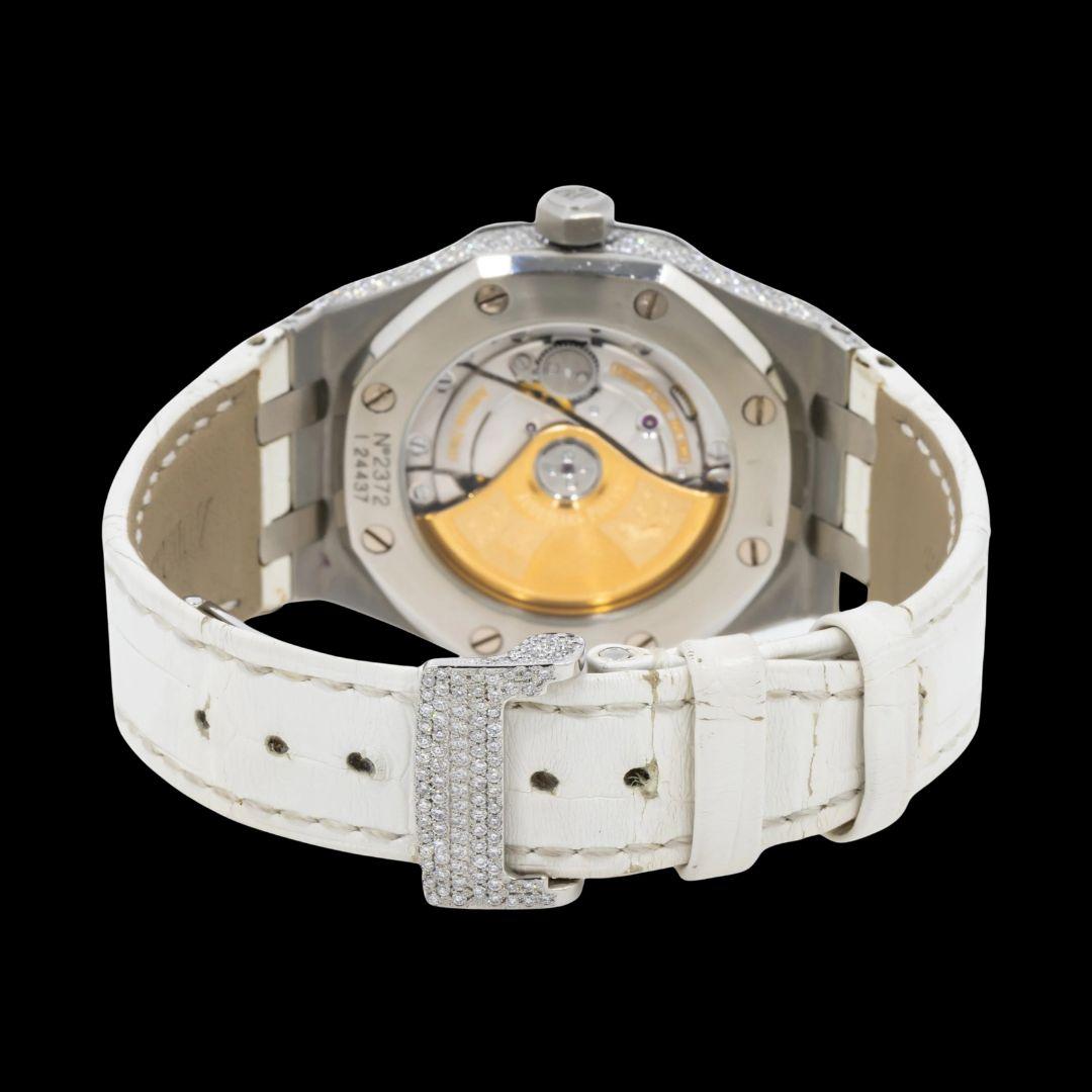 AP Stick Markers Dial White Leather Strap Semi Iced Out Moissanite Watch Caseback View