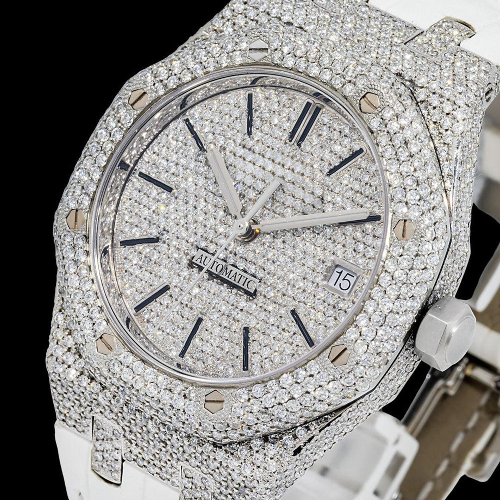 AP Stick Markers Dial White Leather Strap Semi Iced Out Moissanite Watch Close Up Dial View
