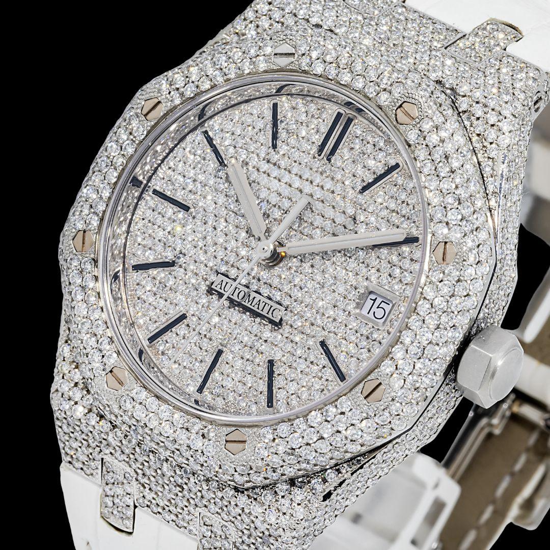 AP Stick Markers Dial White Leather Strap Semi Iced Out Moissanite Watch Close Up Dial View