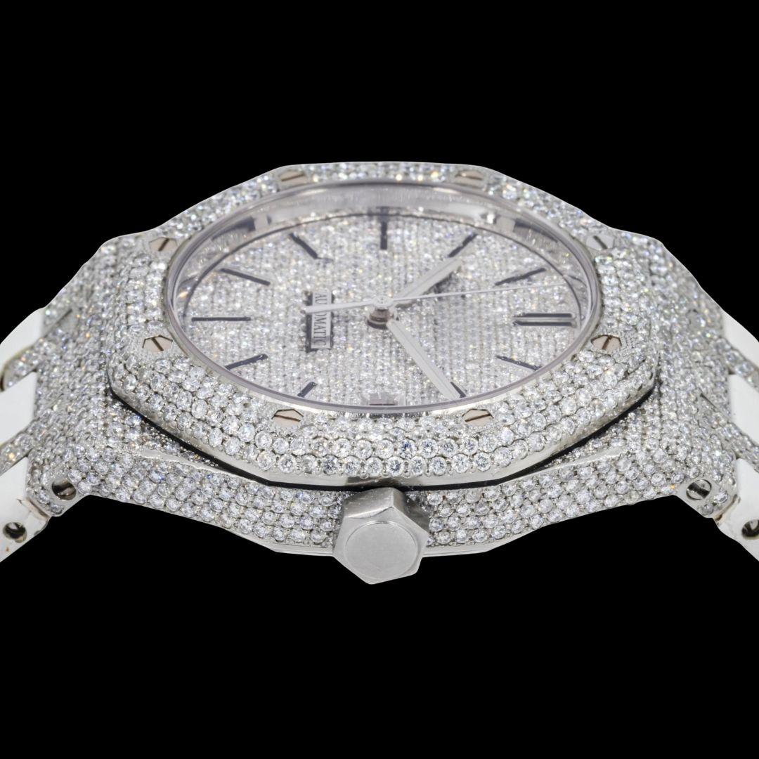 AP Stick Markers Dial White Leather Strap Semi Iced Out Moissanite Watch Crown View
