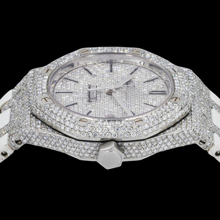 AP Stick Markers Dial White Leather Strap Semi Iced Out Moissanite Watch Crown View