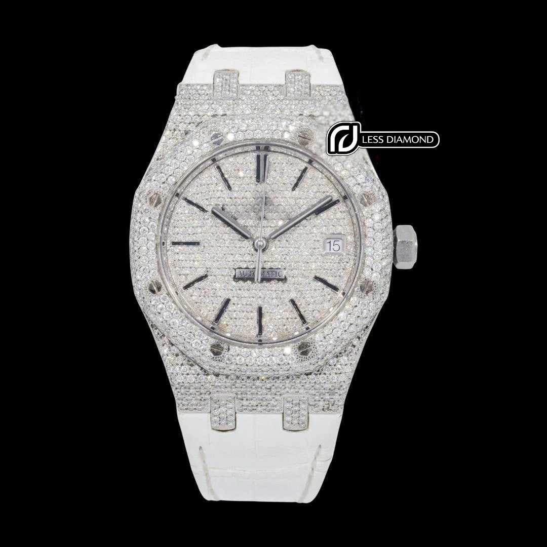 AP Stick Markers Dial White Leather Strap Semi Iced Out Moissanite Watch Front View