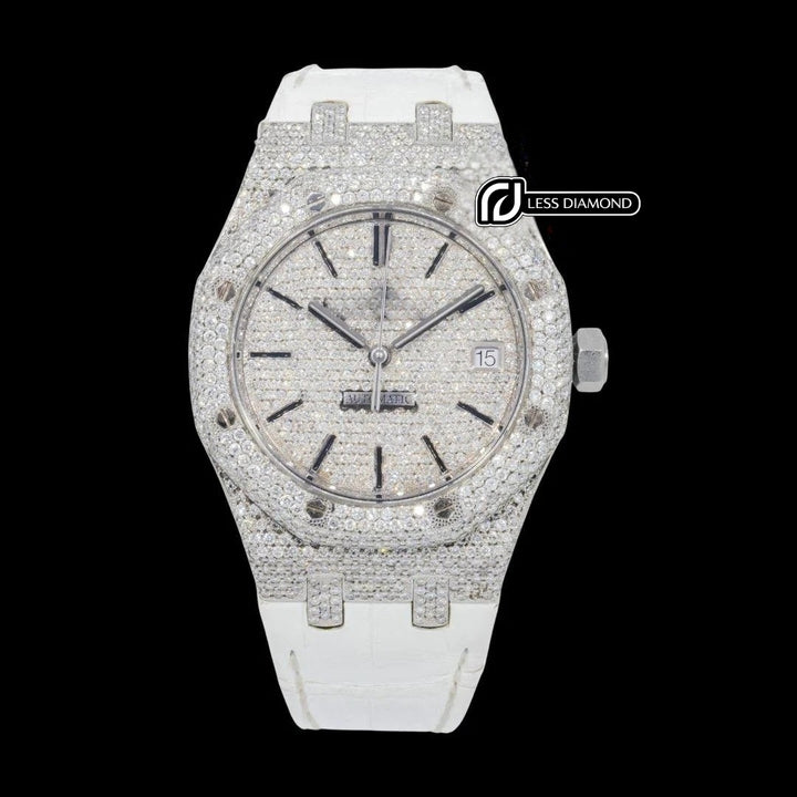 AP Stick Markers Dial White Leather Strap Semi Iced Out Moissanite Watch Front View