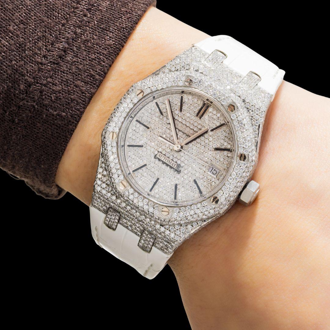 AP Stick Markers Dial White Leather Strap Semi Iced Out Moissanite Watch On Wrist View
