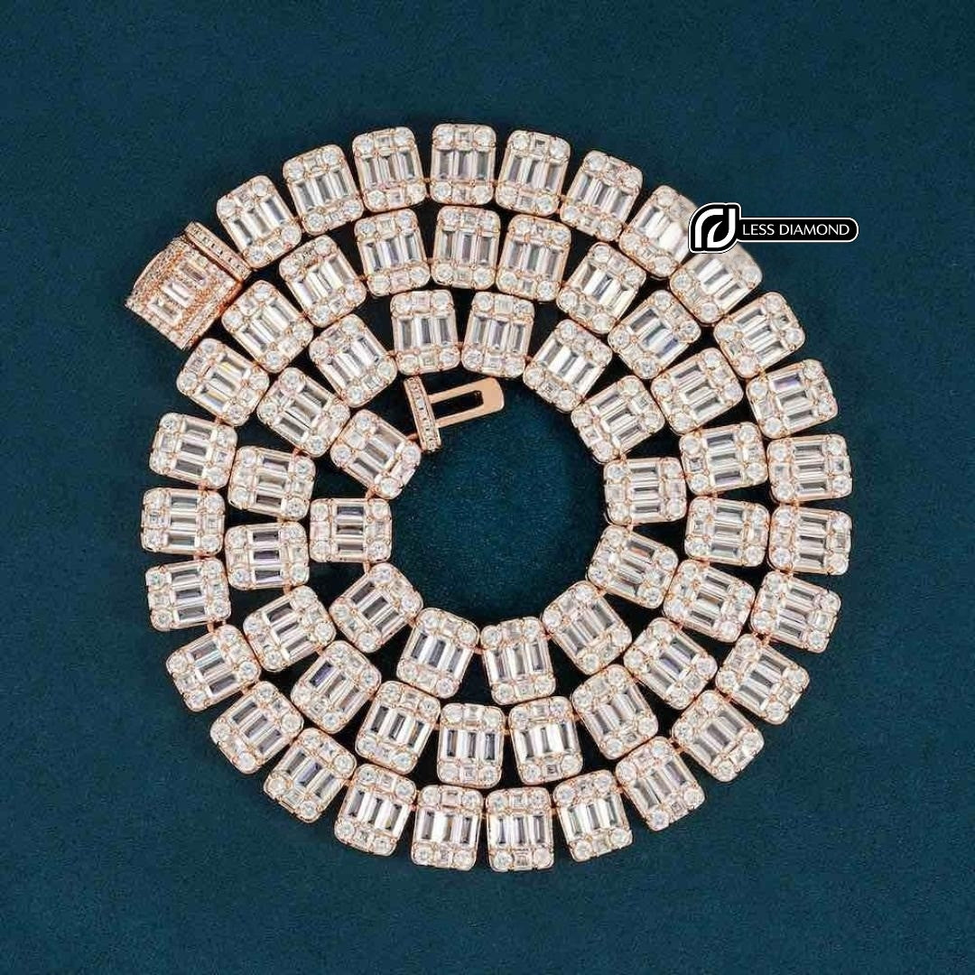 Baguette and Round Moissanite Tennis Necklace in 14K Rose Gold Front View