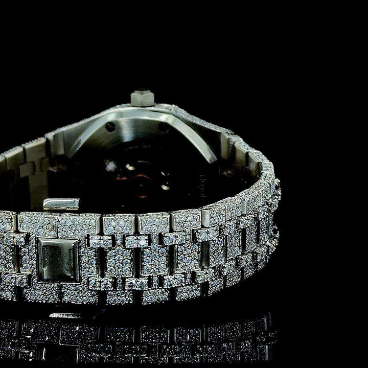Black Stick Markers Dial AP Fully Iced Out Moissanite Watch Caseback View