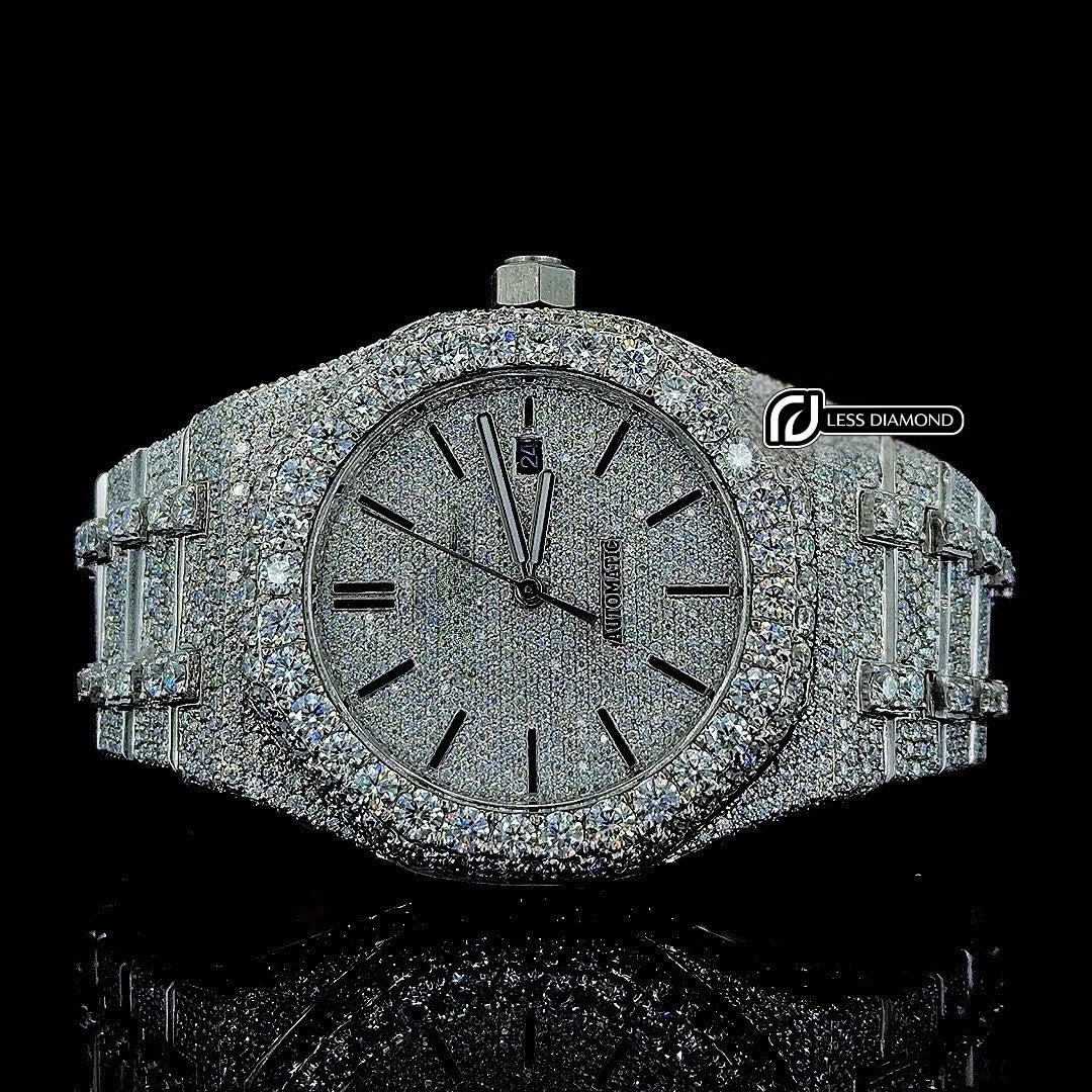Black Stick Markers Dial AP Fully Iced Out Moissanite Watch Front View
