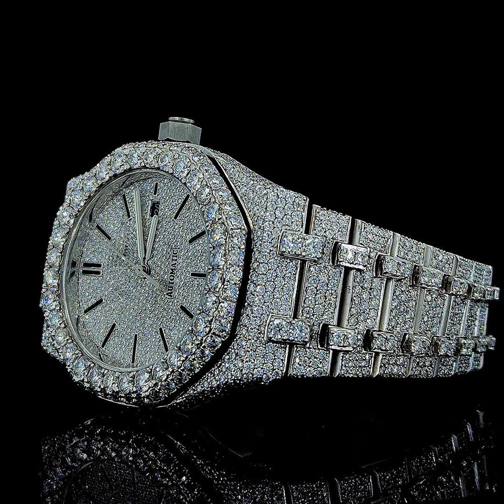Black Stick Markers Dial AP Fully Iced Out Moissanite Watch Left Profile View