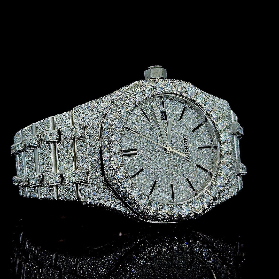 Black Stick Markers Dial AP Fully Iced Out Moissanite Watch Right Profile View