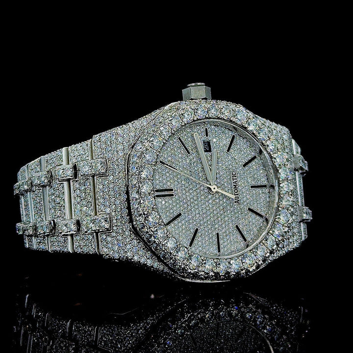 Black Stick Markers Dial AP Fully Iced Out Moissanite Watch Right Profile View