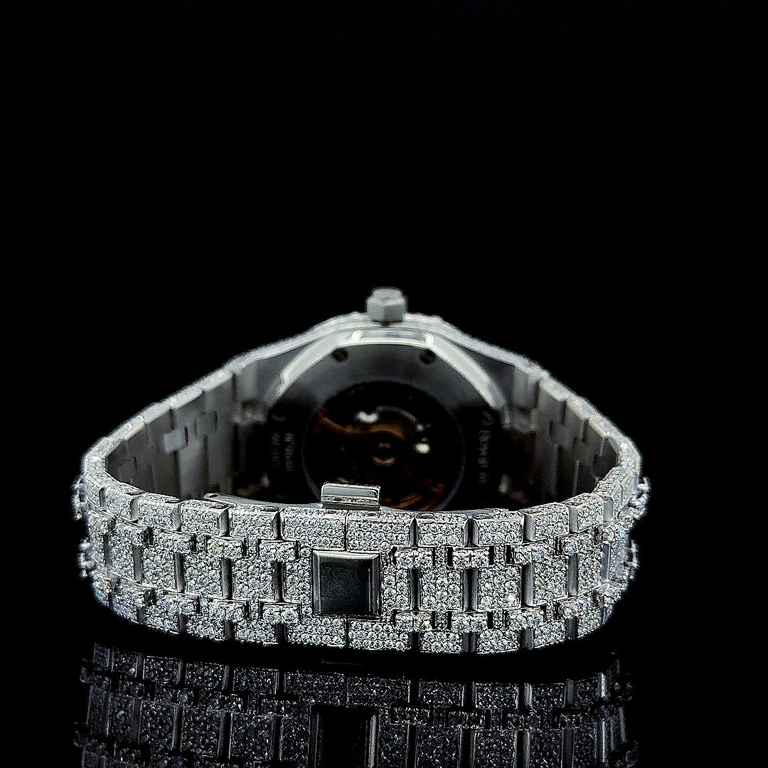 Black Stick Markers Diamond Dial AP Fully Iced Out Moissanite Watch Caseback View