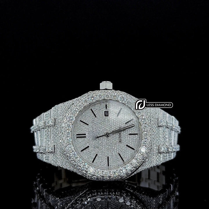 Black Stick Markers Diamond Dial AP Fully Iced Out Moissanite Watch Front View
