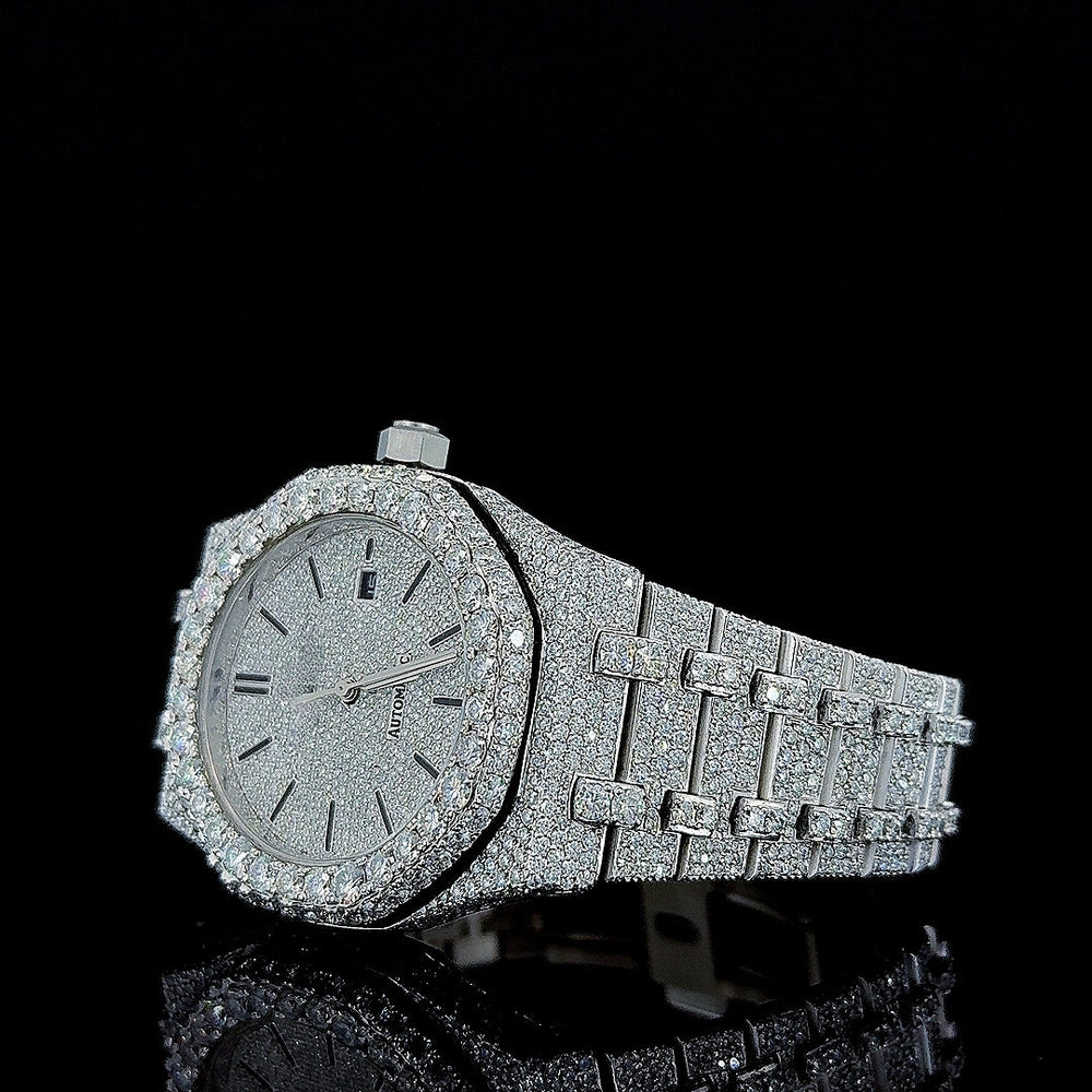 Black Stick Markers Diamond Dial AP Fully Iced Out Moissanite Watch Left Profile View