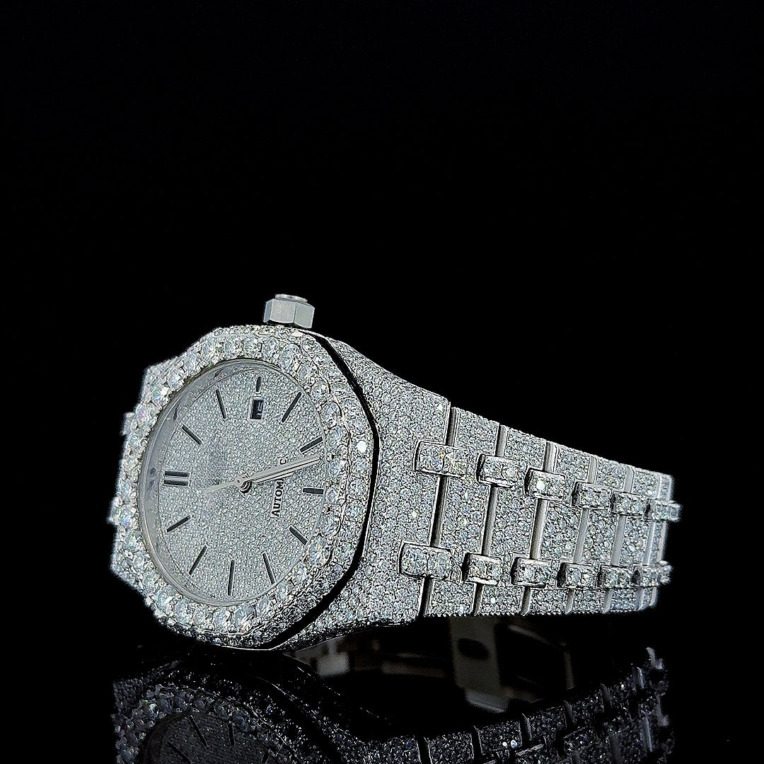 Black Stick Markers Diamond Dial AP Fully Iced Out Moissanite Watch Left Profile View