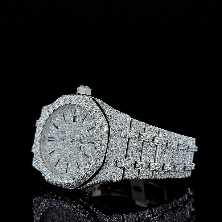 Black Stick Markers Diamond Dial AP Fully Iced Out Moissanite Watch Left Profile View