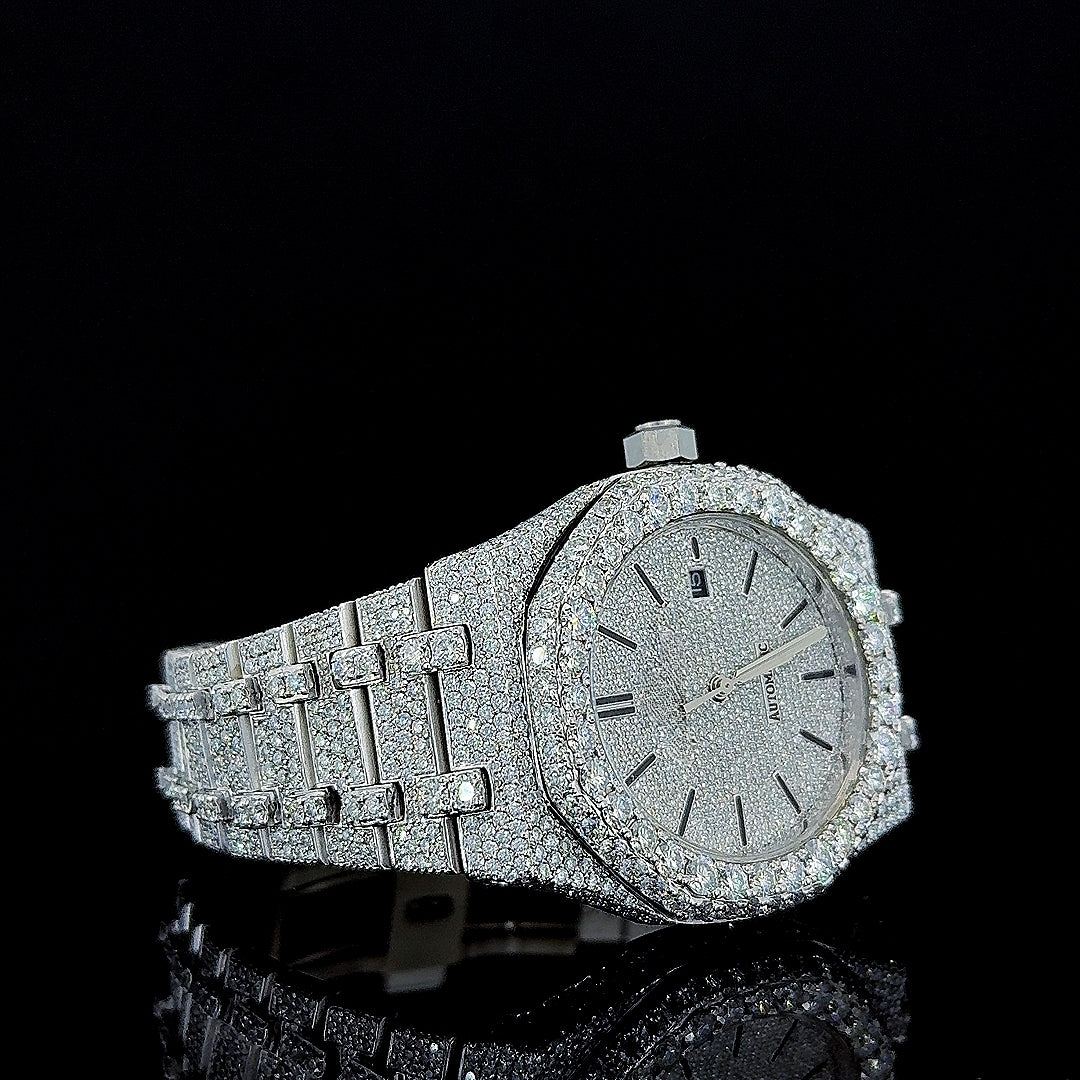 Black Stick Markers Diamond Dial AP Fully Iced Out Moissanite Watch Right Profile View