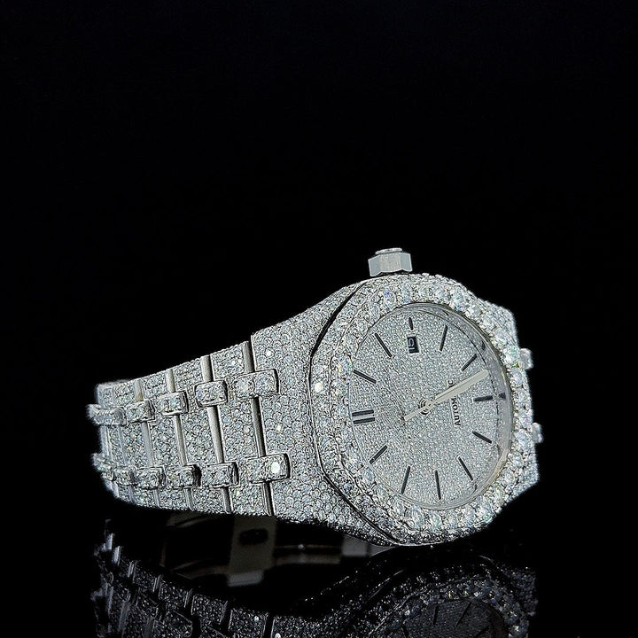 Black Stick Markers Diamond Dial AP Fully Iced Out Moissanite Watch Right Profile View