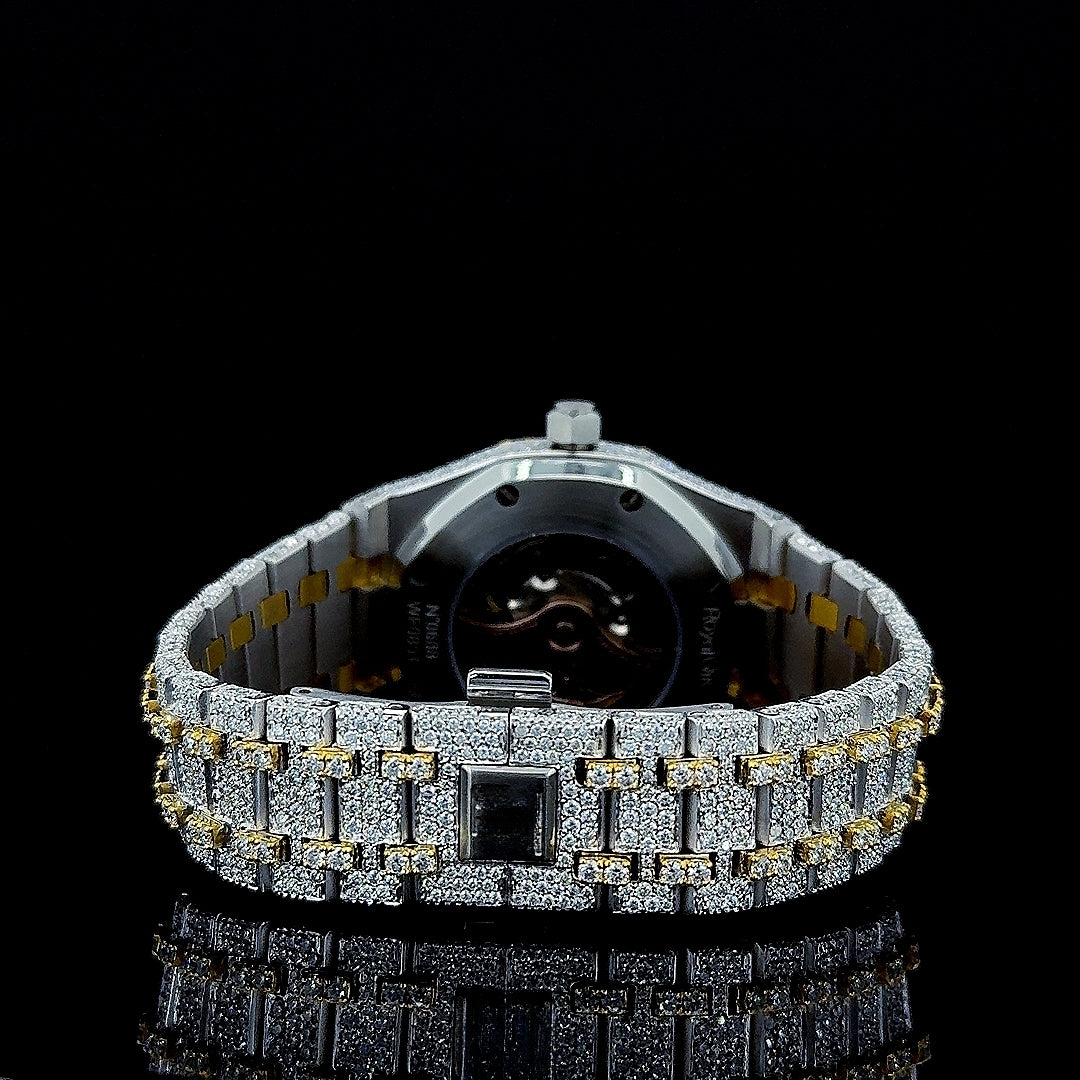 Black Stick Markers Diamond Dial Two Tone Iced Out Yellow Gold Moissanite Watch Caseback View