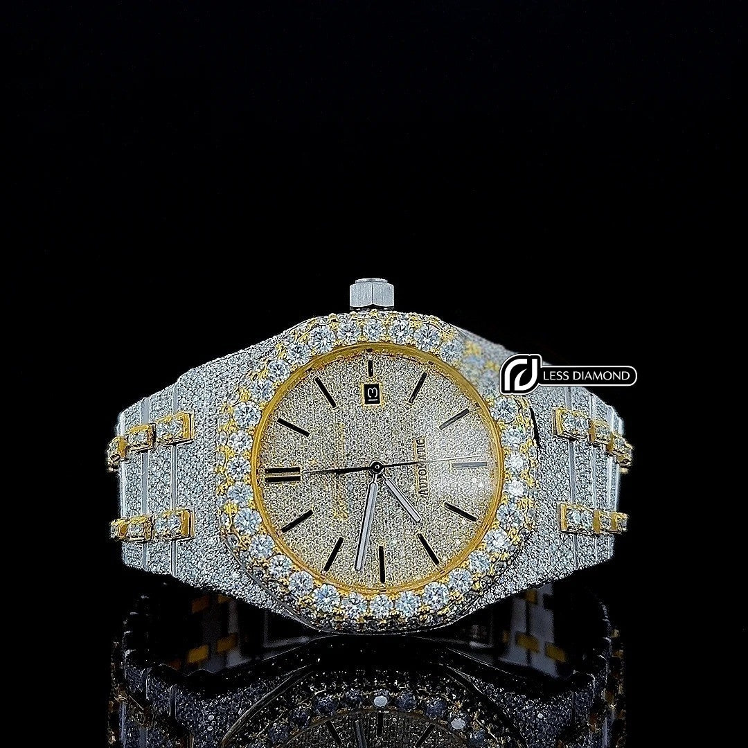 Black Stick Markers Diamond Dial Two Tone Iced Out Yellow Gold Moissanite Watch Front View