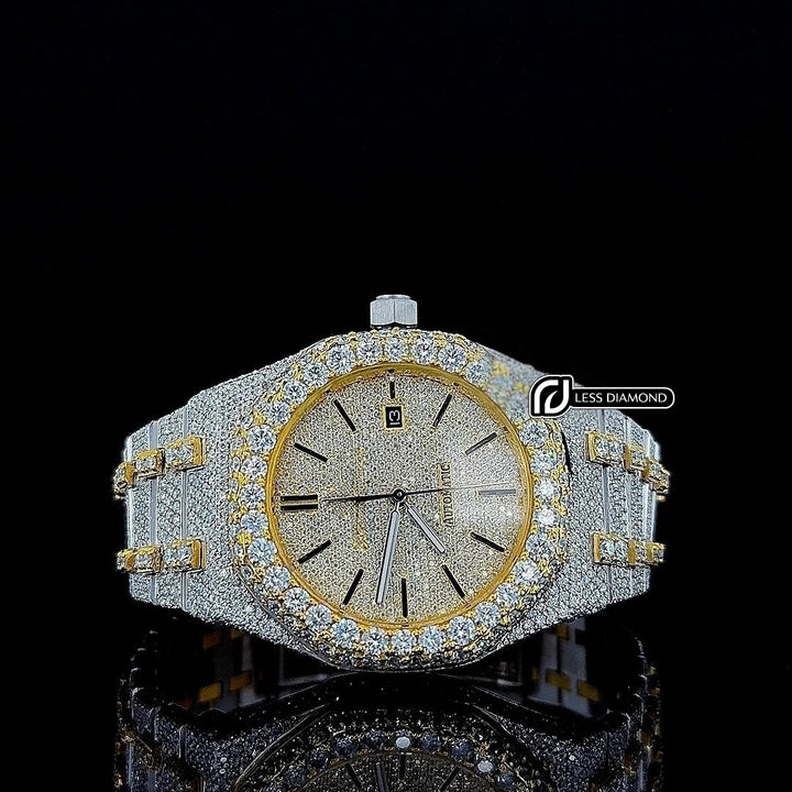 Black Stick Markers Diamond Dial Two Tone Iced Out Yellow Gold Moissanite Watch Front View