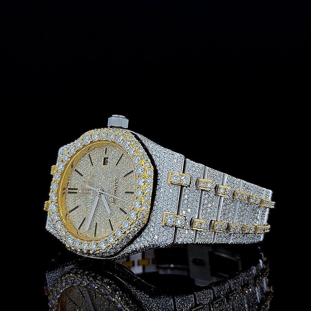 Black Stick Markers Diamond Dial Two Tone Iced Out Yellow Gold Moissanite Watch Left Profile View